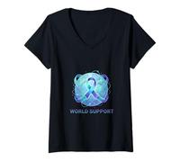 Women's World Support Awareness Ribbon Global Unity Design V-Neck T-Shirt