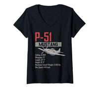 Women's World War 2 American P51 Mustang Fighter Plane Statistics V-Neck T-Shirt