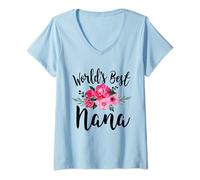 Womens World's Best Nana Floral Grandma Nickname V-Neck T-Shirt