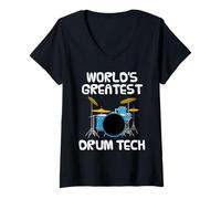 Womens World's Greatest Drum Tech, Drummer Musician Funny V-Neck T-Shirt