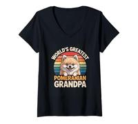 Womens World's Greatest Pomeranian Grandpa Funny Pom Dog Lover V-Neck T-Shirt