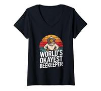 Women's Worlds Okayest Beekeeper Funny Retro Apiary V-Neck T-Shirt