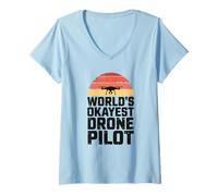 Women's Worlds Okayest Drone Pilot Sunset Retro Humor V-Neck T-Shirt