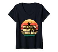 Women's Worlds Okayest Gardener Funny Retro Gardening V-Neck T-Shirt