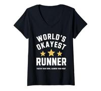 Women's Worlds Okayest Runner Funny Sarcastic Running Marathon Train V-Neck T-Shirt