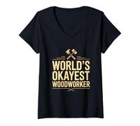 Women's World's Okayest Woodworker Funny Carpenter V-Neck T-Shirt