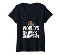 Women's Worlds Okayest Woodworker Funny Carpentry V-Neck T-Shirt