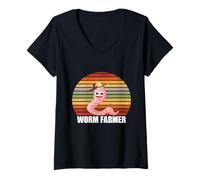 Womens Worm Farmer Retro Vintage Worm Hat Red Wiggler Worm Compost V-Neck T-Shirt