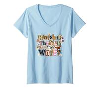 Women's Worship Through The Worry Spiritual Collage V-Neck T-Shirt