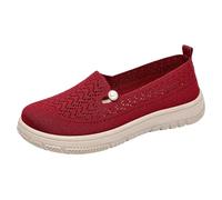 Women's Woven Orthopedic Breathable Walking Shoes Comfy Work Loafers with Arch Support Slip-On Mesh Knitted Flats Soft Sole Gym Sneakers (Red, 6)