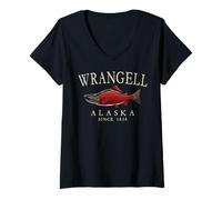 Womens Wrangell Alaska Salmon Fishing Since 1834 Ivory Letters V-Neck T-Shirt