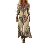 Women's Wrap Midi Dress Long Sleeve Boho Beach Holiday Floral Print Dress | Wrinkle-free stretch linen blend midi dress, lined non-sheer, floral paisley print, wrap v neck for beach casual wedding