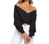 Women's Wrap V Neck Cropped Sweaters Fall Long Sleeve Cross Front Off Shoulder Solid Knitted Pullover Tops(Black,S)