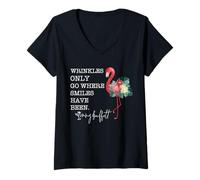 Womens Wrinkles Only Go Where Smiles Have Been Funny Flamingo Women V-Neck T-Shirt