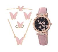 Women's Wrist Watch Collection - 5 Piece Butterfly Pattern Watch Set with Rings and Pendant | Chic Waterproof Wristwatch, Fashion Accessory for Female Office Casual Date Wedding Party Vacation