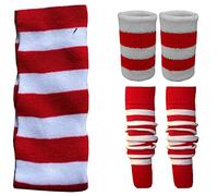 Womens Wristbands Headband And Legwarmers Set Ladies 80s Themed Party Sweatbands Fancy Dress Accessory Red White