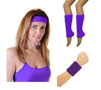 Womens Wristbands Headband And Legwarmers Set Ladies 80s Themed Party Sweatbands Fancy Dress Accessory Purple