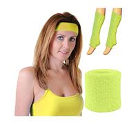 Womens Wristbands Headband And Legwarmers Set Ladies 80s Themed Party Sweatbands Fancy Dress Accessory Yellow