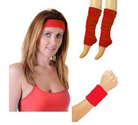 Womens Wristbands Headband And Legwarmers Set Ladies 80s Themed Party Sweatbands Fancy Dress Accessory Red