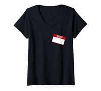 Women's Write in Funny Hello My Name is Introduction Fake Sticker V-Neck T-Shirt