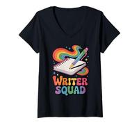 Womens Writer Squad Cute Notebook & Pen V-Neck T-Shirt