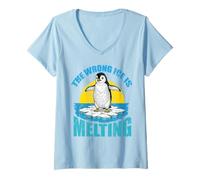 Women's Wrong Ice is Melting Funny Penguin Political Protest Humor V-Neck T-Shirt