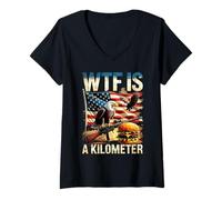 Womens WTF Is A Kilometer Funny Patriotic American Eagle Burger Gun V-Neck T-Shirt