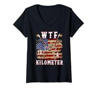 Womens WTF Is A Kilometer Skeleton American Flag Gun Lover V-Neck T-Shirt