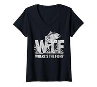 Womens WTF Where’s The Fish Bass Fishing Humor Fisherman Gifts Dad V-Neck T-Shirt