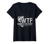 Womens WTF Where’s The Fish Funny Bass Fishing Humor Fisherman Dad V-Neck T-Shirt