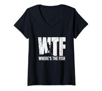 Women's WTF Where’s The Fish Funny Bold Fishing Lovers Minimalist V-Neck T-Shirt