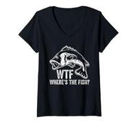Womens WTF Where’s The Fish Funny Fishing Humor for Anglers V-Neck T-Shirt