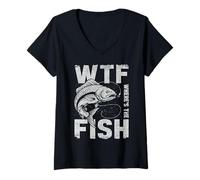 Womens WTF Where’s The Fish Funny Fishing Humor Lover Fisherman Dad V-Neck T-Shirt