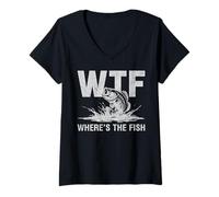 Womens WTF Where’s The Fish Funny Fishing Humor Lover Fisherman Dad V-Neck T-Shirt