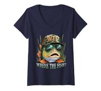 Womens WTF Where The Fish Fisherman - Funny Camo Hat Fishing Joke V-Neck T-Shirt
