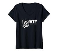 Womens WTF Where's the Fish? Funny Fishing Rod and Reel Fun V-Neck T-Shirt