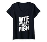 Womens WTF Where's The Fish Hilarious Fishing Passion V-Neck T-Shirt