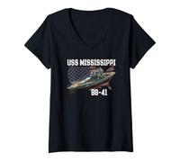 Womens WW2 American Battleship USS Mississippi BB-41 Warships V-Neck T-Shirt