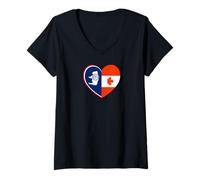 Womens Wyoming and Canada Flags: Heart Shaped Unity V-Neck T-Shirt