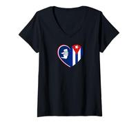 Womens Wyoming and Cuba Flags: Heart Shaped Unity V-Neck T-Shirt