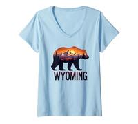 Women's Wyoming Bear and Mountain Sunset Graphic V-Neck T-Shirt