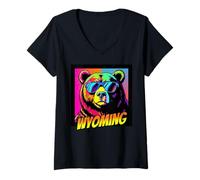 Womens Wyoming Bear In Sunglasses Colorful Pop Art Eye-Catching V-Neck T-Shirt