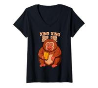 Womens Xingxing The Monkey drinking Banana Juice V-Neck T-Shirt