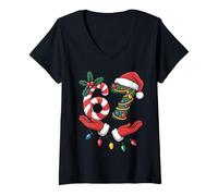 Womens Xmas 67 Hands Candy Canes Santa Christmas 67 School Humor V-Neck T-Shirt