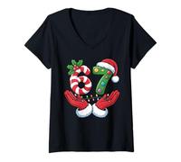 Womens Xmas 67 Hands Gesture Candy Canes Santa V-Neck T-Shirt