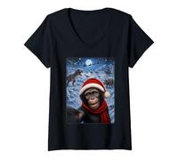 Women's Xmas Dinosaurs Moon Night Starry Bonobo Chimpanzee Christmas V-Neck T-Shirt