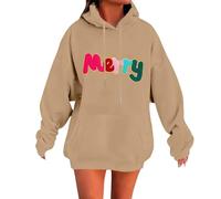Women's Xmas Hoodies Funny Merry Letter Printed Warm Sweatshirt Cute Celebrating Christmas Family Outfit Pullover Top (Khaki, L)