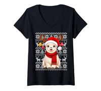 Women's Xmas Ugly Sweaters Festive Santa Llama Alpaca Christmas V-Neck T-Shirt