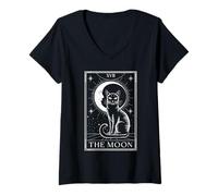 Womens XVII The Moon Tarot Card Cat Crescent Moon Mystical V-Neck T-Shirt