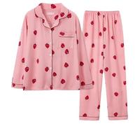 Women's Y2K 2 Piece Cute Strawberry Print Pj Set Kawaii Top and Pants Pajama Set Gyaru Aesthetic Loungewear Pajama Set, Long Sleeve, S